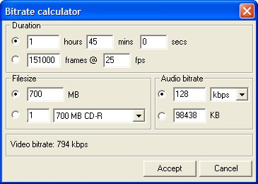 DivX codec - bitrate calculator